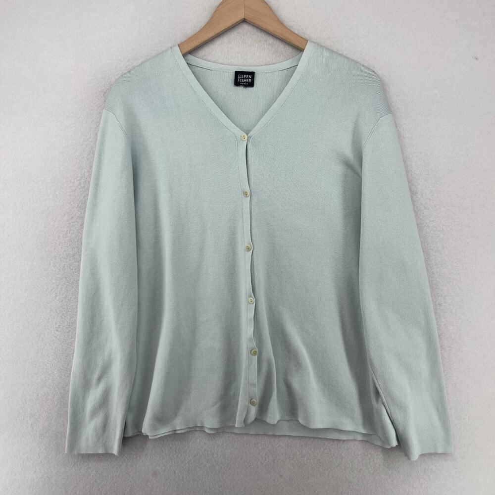 EILEEN FISHER Sweater 1X Plus Cotton Button Up V-Neck Cardigan Ribbed Blue VTG